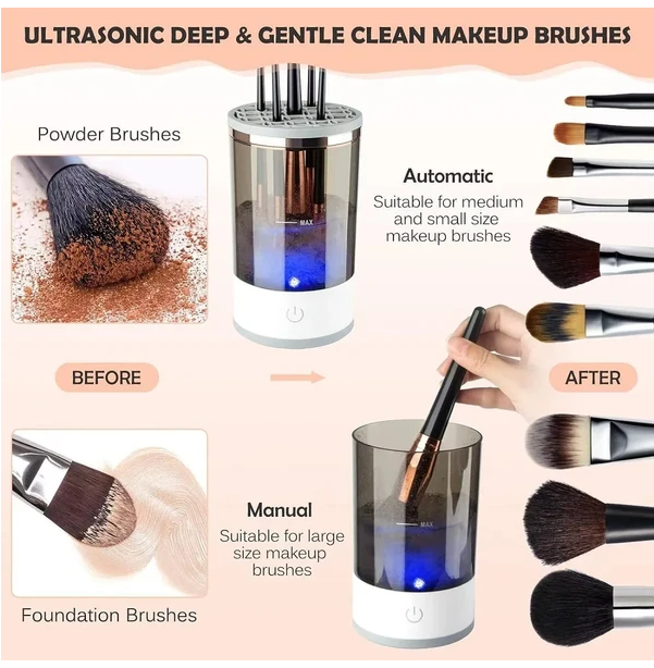 Set of makeup brushes beside the electric brush cleaner and its USB cable