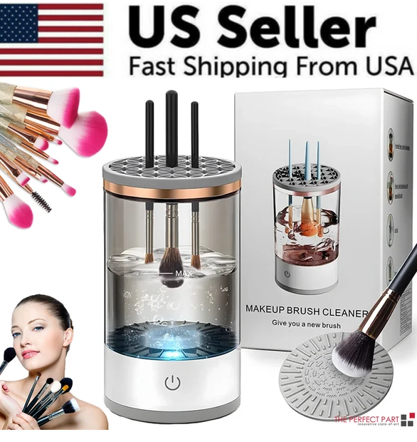 White electric makeup brush cleaner unit shown upright against a plain background