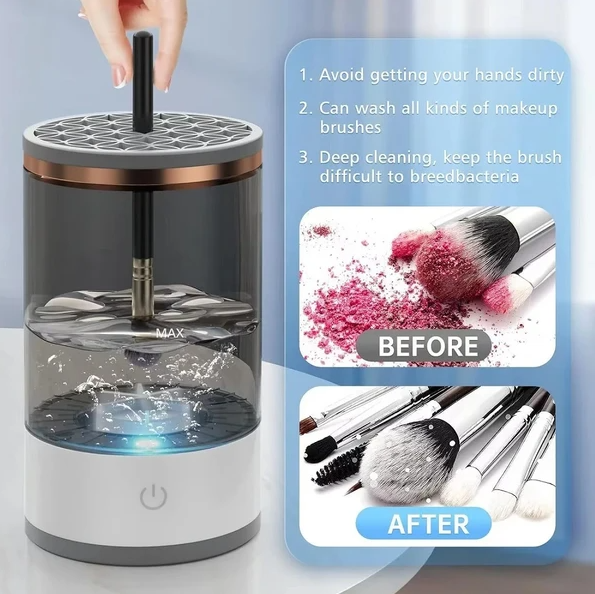 Makeup brush fitted into the spinner collar of the white cleaning device