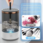 Makeup brush fitted into the spinner collar of the white cleaning device