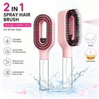 Two pink spray hair brushes standing in splashing water, front and side view, with clear bottle handles