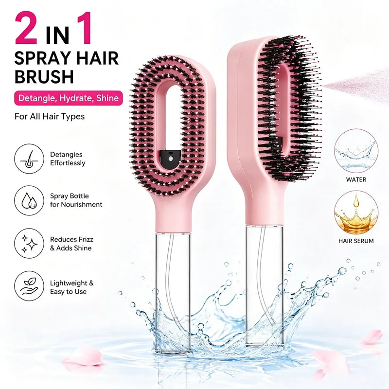 Two pink spray hair brushes standing in splashing water, front and side view, with clear bottle handles