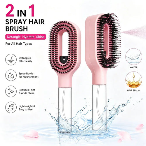 Two pink spray hair brushes standing in splashing water, front and side view, with clear bottle handles