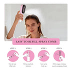Woman misting her hair with the spray brush, above a four-step diagram showing how to refill the bottle