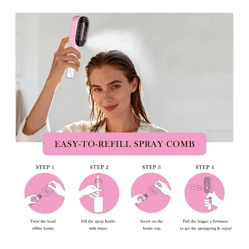 Woman misting her hair with the spray brush, above a four-step diagram showing how to refill the bottle