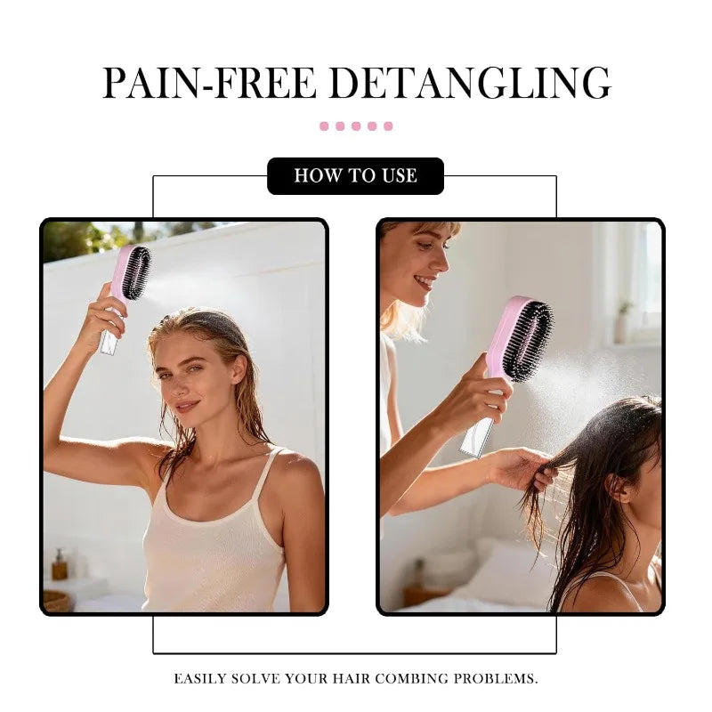 Two photos showing the spray hair brush misting water onto long hair