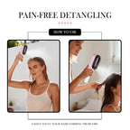 Two photos showing the spray hair brush misting water onto long hair