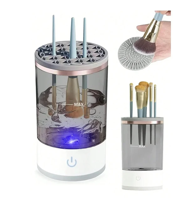 Hand holding the compact white brush cleaner to show its size